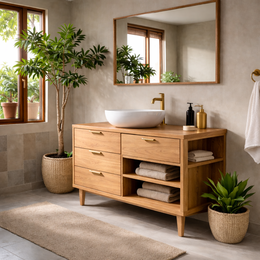 Solid Wood Bathroom Vanity with Drawers and Open Side Shelves for Storage