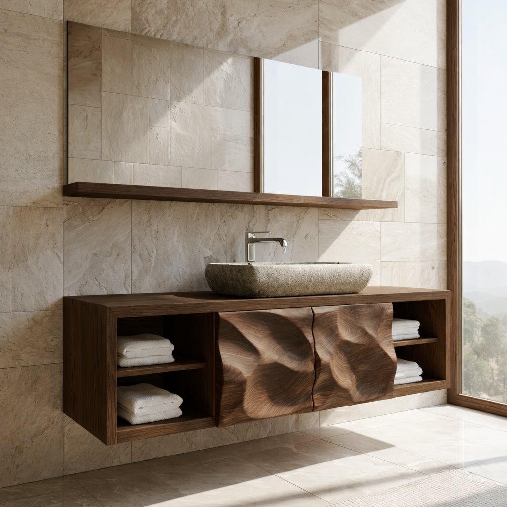 Modern Solid Wood Bathroom Vanity with Floating Storage and Sculpted Cabinet Doors