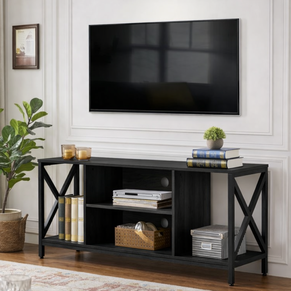Modern Solid Wood TV Stand with Open Shelves X Frame Sides Media Console