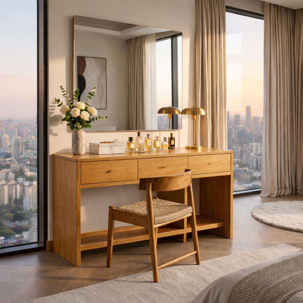 Handcrafted Solid Wood Makeup Vanity – Modern Minimalist Design