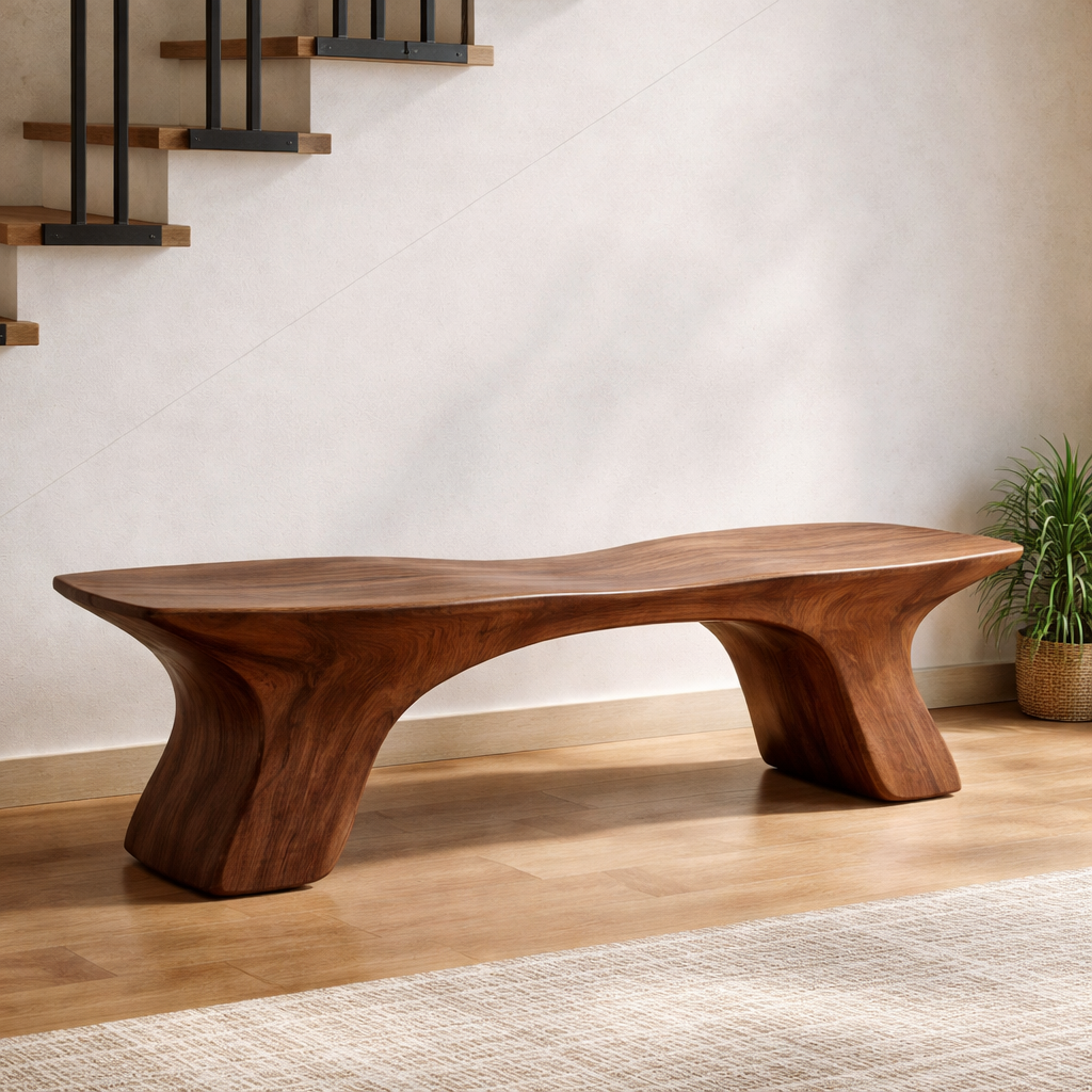 Sculptural Solid Wood Bench, Organic Modern Statement Seating