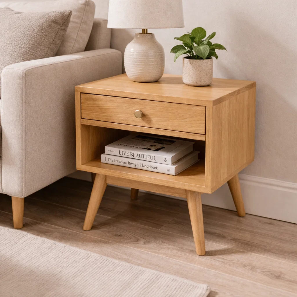 Solid Wood End Table with Drawer and Shelf – Mid Century Modern Bedside Table