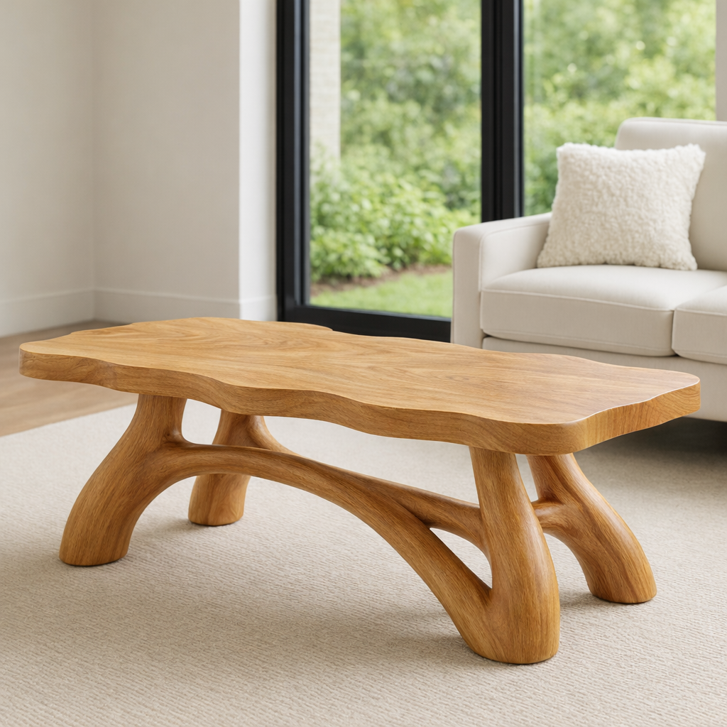 Solid Wood Coffee Table with Sculptural Curved Legs – Modern Living Room Table