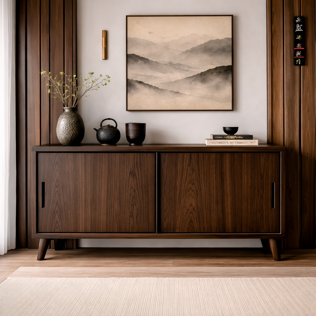 Solid Wood Console Cabinet with Sliding Doors – Modern Minimalist Storage Sideboard