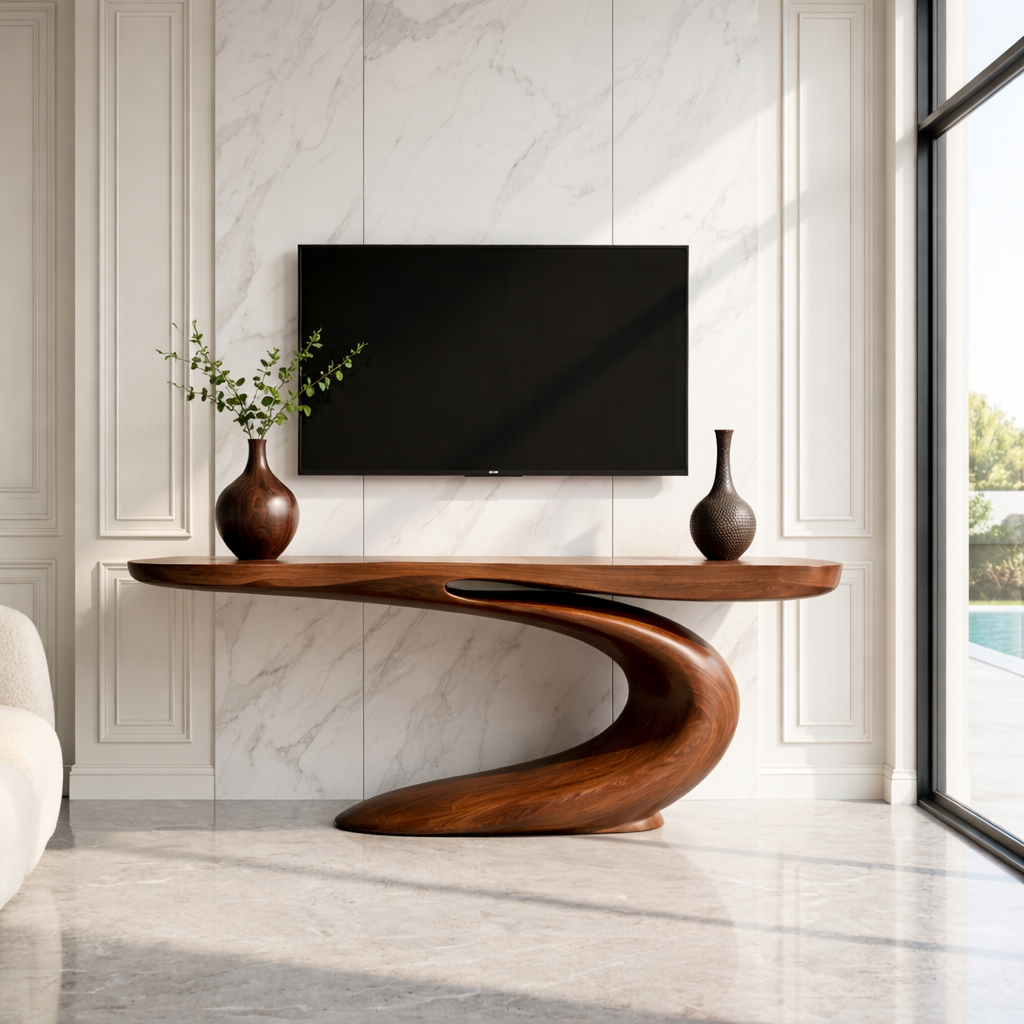 Solid Wood Console Table with Sculpted Curved Base, Modern Artistic Design
