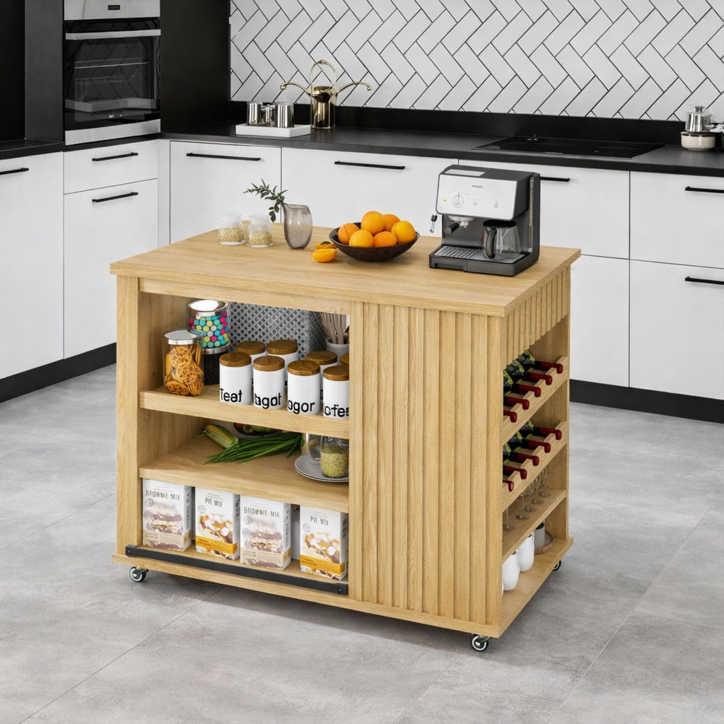Rolling Kitchen Island with Storage Shelves, Modern Kitchen Cart, Portable Prep Table with Wine Rack