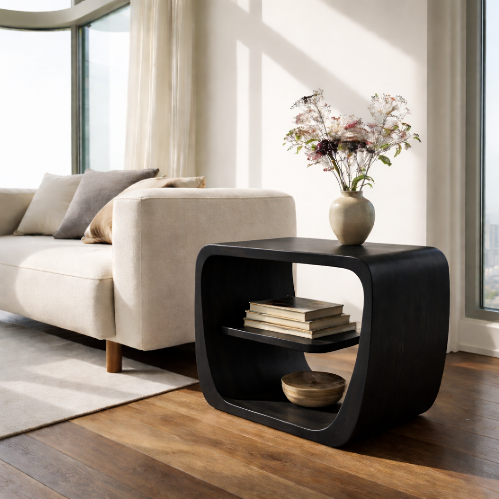 Modern Solid Wood End Table with Storage Shelf – Curved Wooden Side Table for Living Room