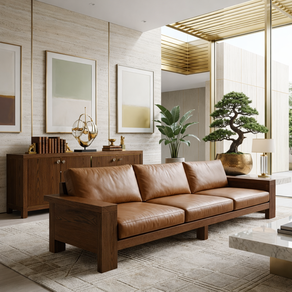 Modern Solid Wood Sofa with Leather Cushions Minimalist Scandi Living Room Couch