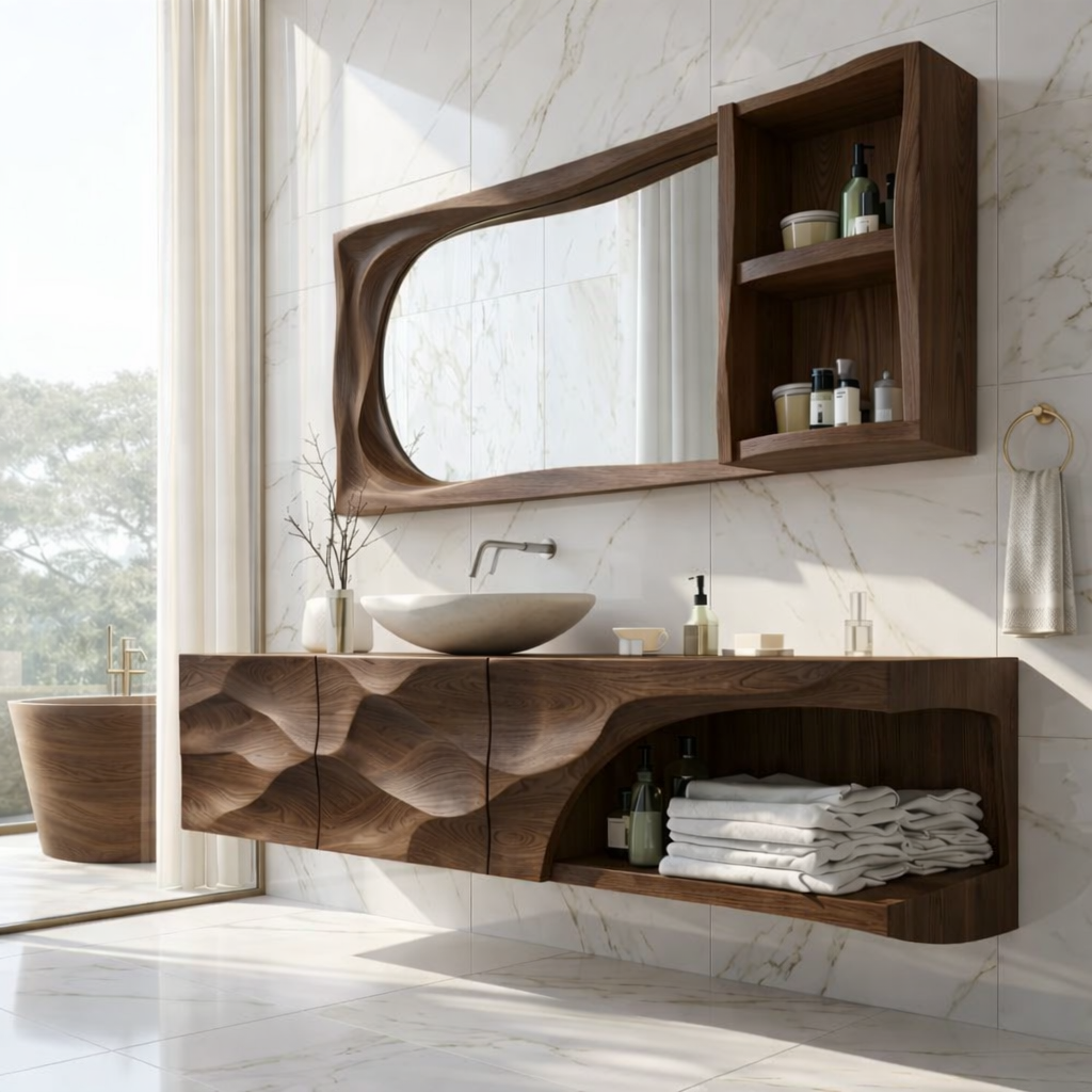 Modern Solid Wood Bathroom Vanity with Floating Storage and Sculpted Front Design