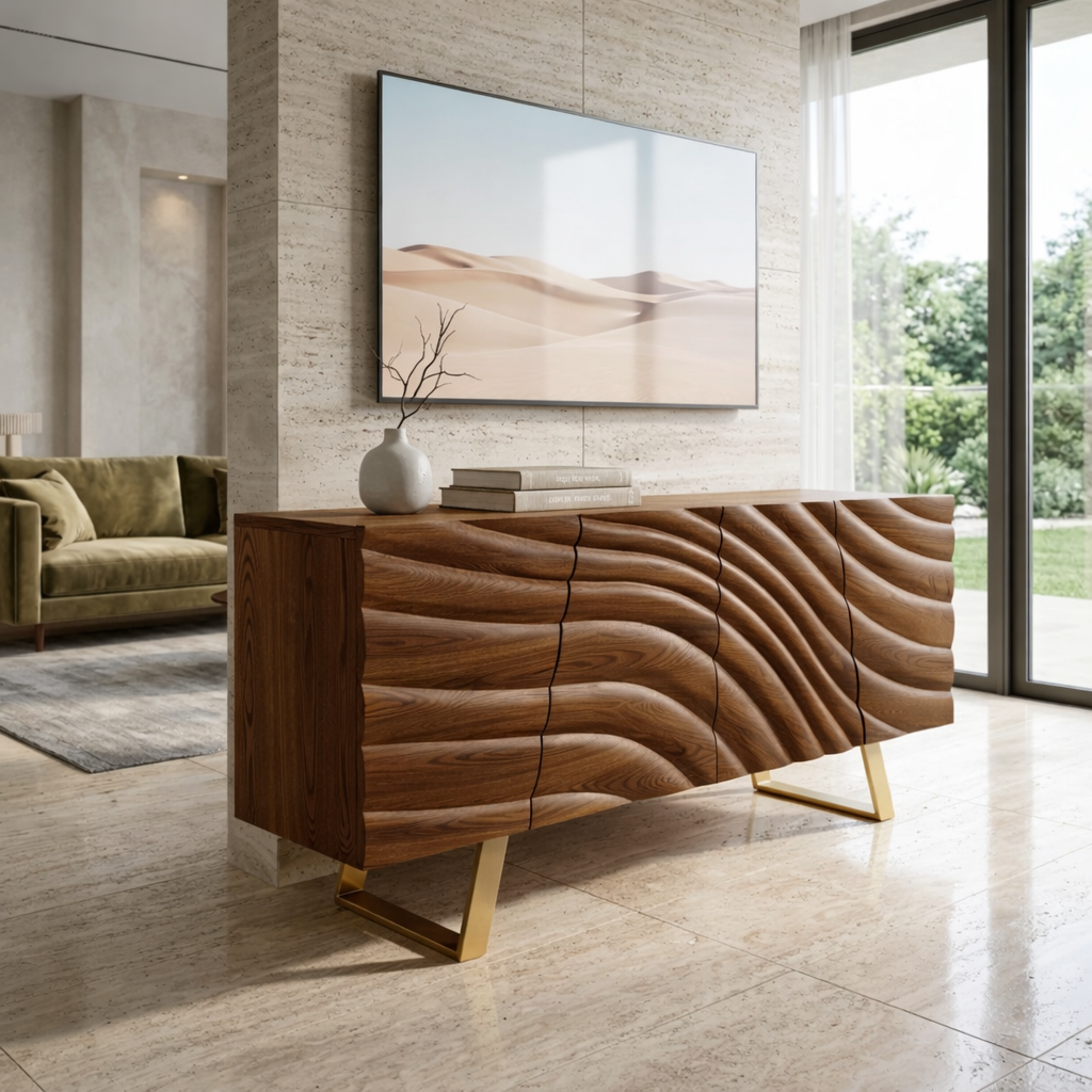 Solid Wood TV Stand with Sculpted Doors, Modern Media Console for Living Room