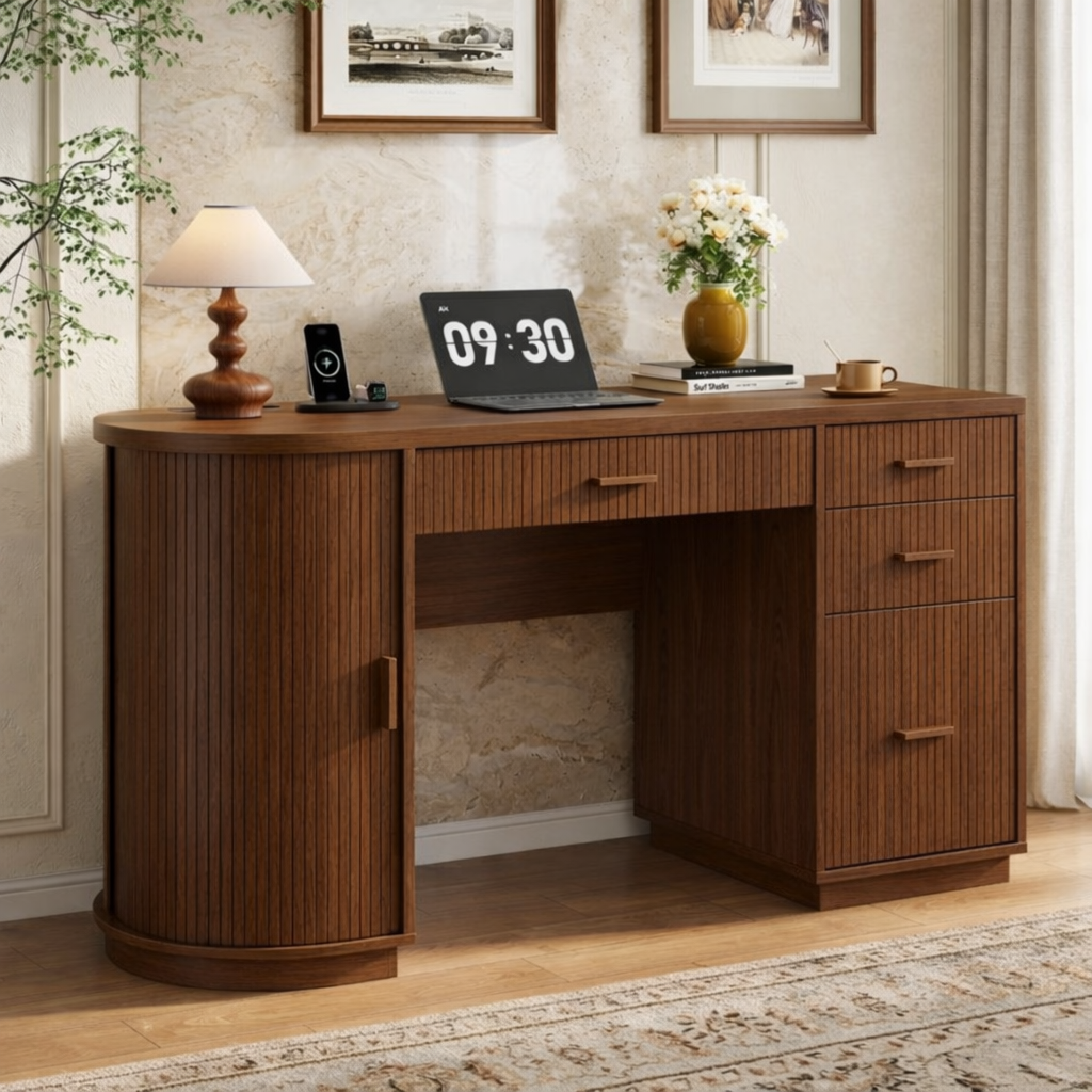 Modern Fluted Executive Desk with Drawers, Curved Cabinet Home Office Writing Table