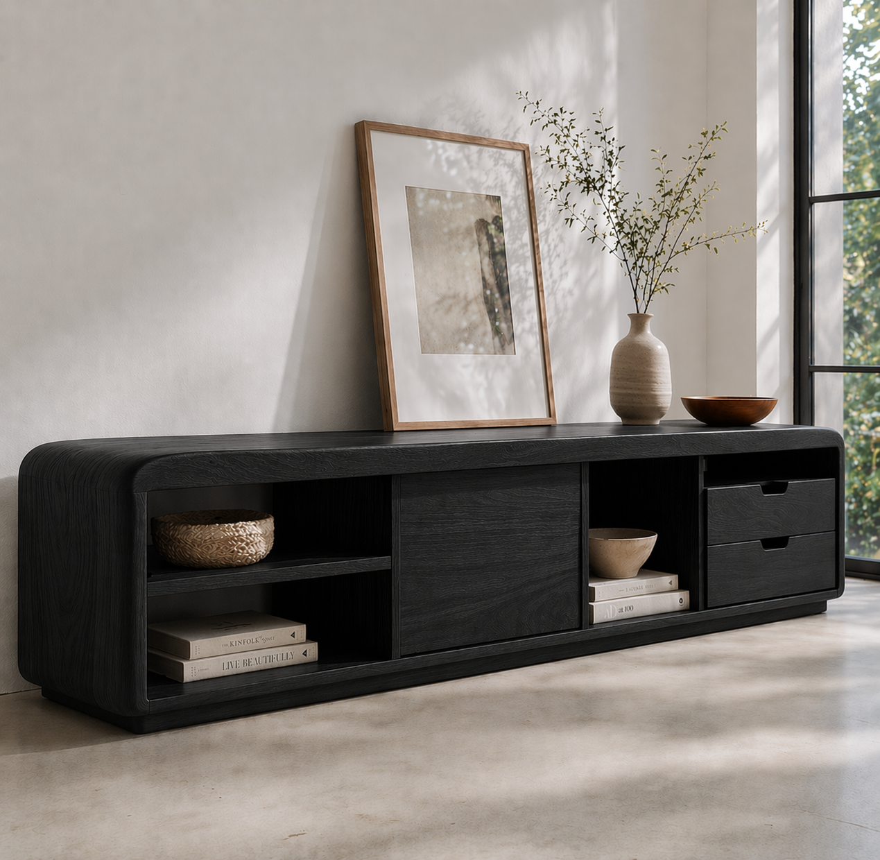 Solid Wood Media Console with Rounded Edges, Modern Low TV Stand with Storage