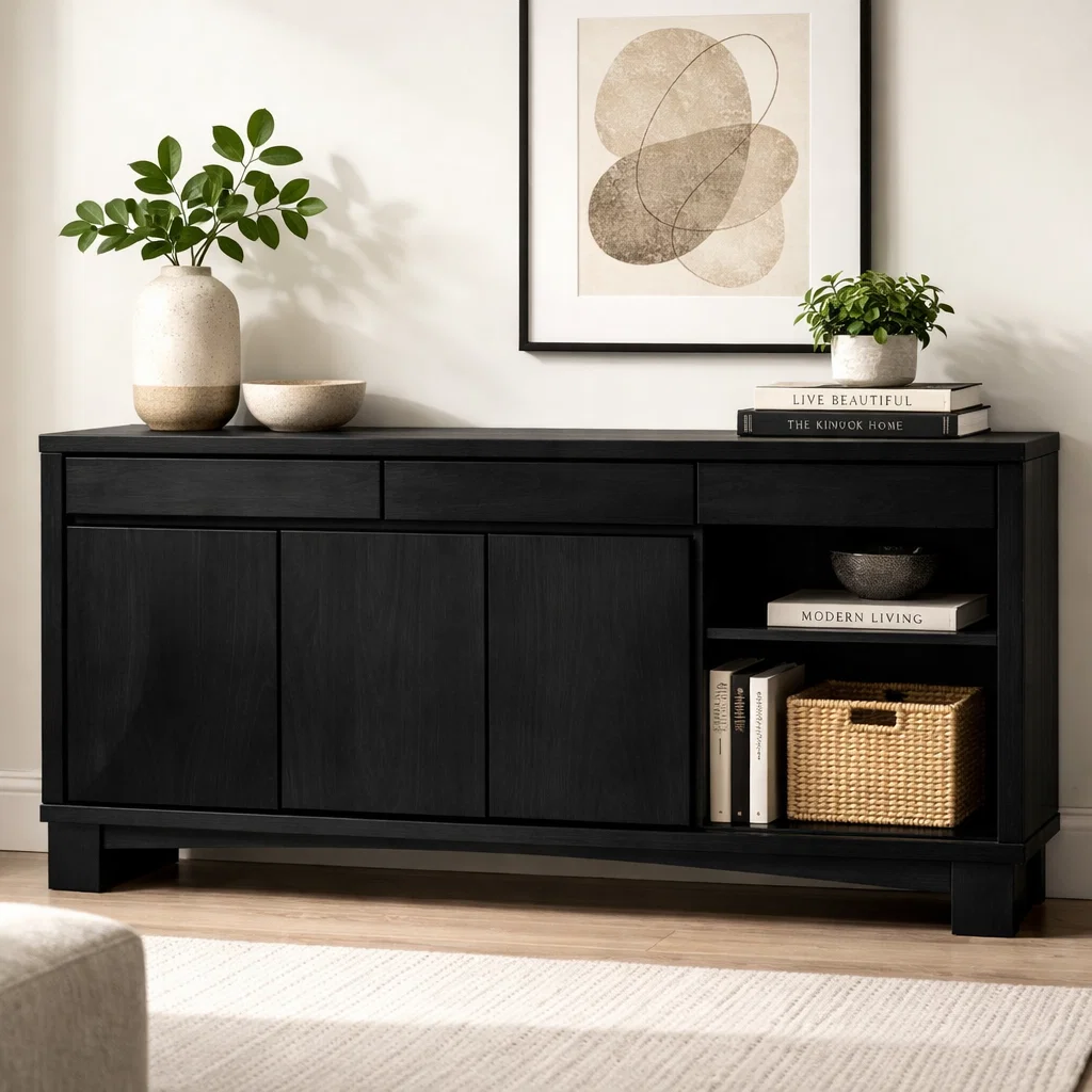 Solid Wood Console Cabinet with Drawers and Open Shelf – Modern Sideboard