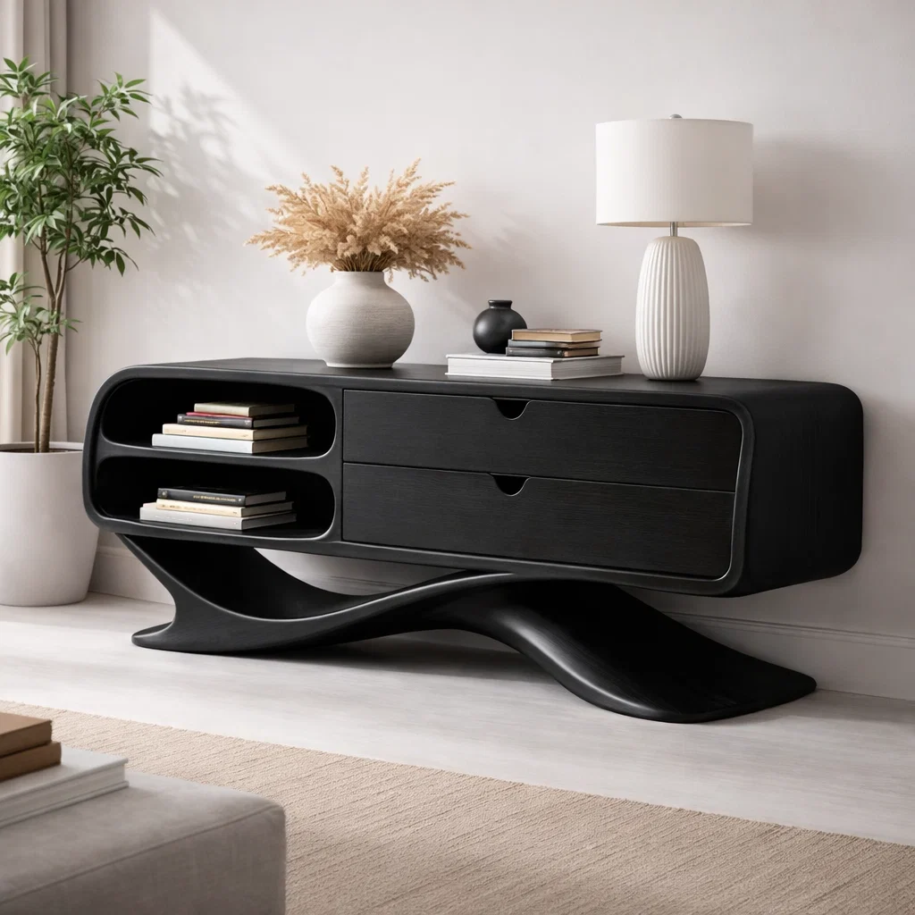 Solid Wood Sculptural Console Cabinet with Drawers & Open Shelf – Modern Curved Base