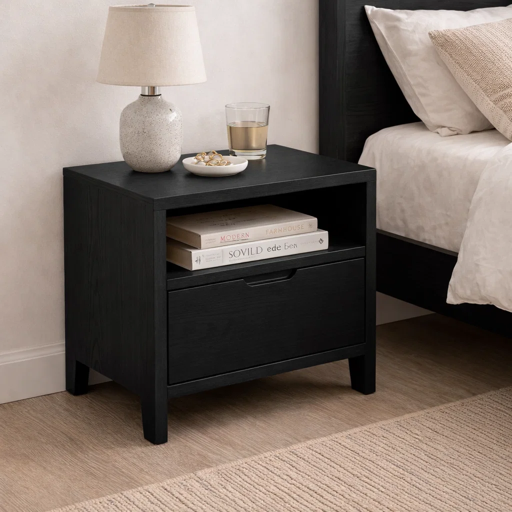 Solid Wood End Table with Drawer and Open Shelf – Modern Bedside Nightstand