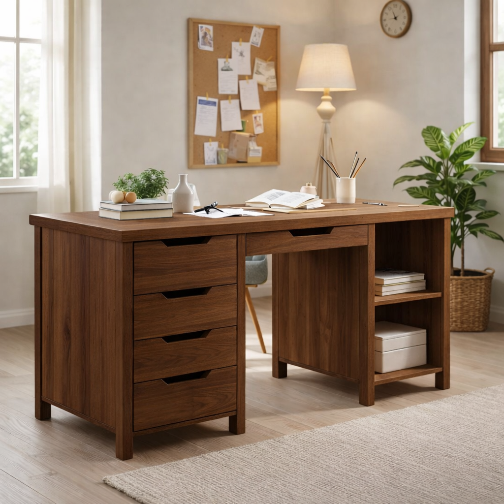 Solid Wood Handmade Work Desk with Drawers and Bookshelf Storage