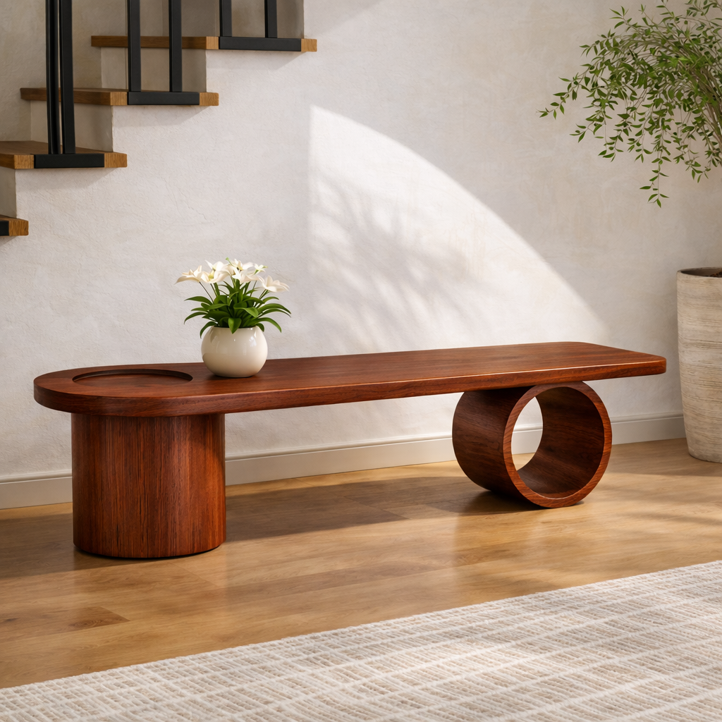 Modern Solid Oak Sculptural Bench, Minimalist Geometric Statement Seat