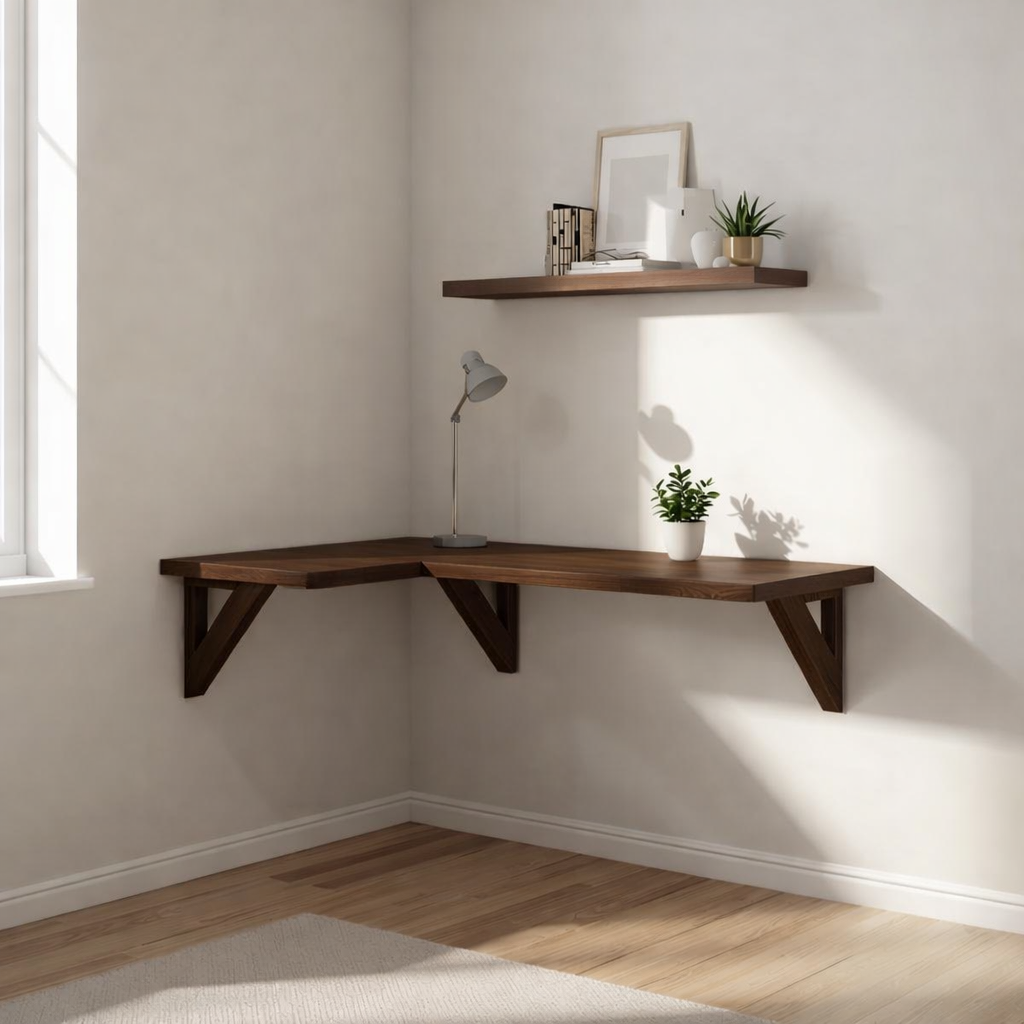 Floating Walnut Corner Desk – Minimalist Wall-Mounted Workspace