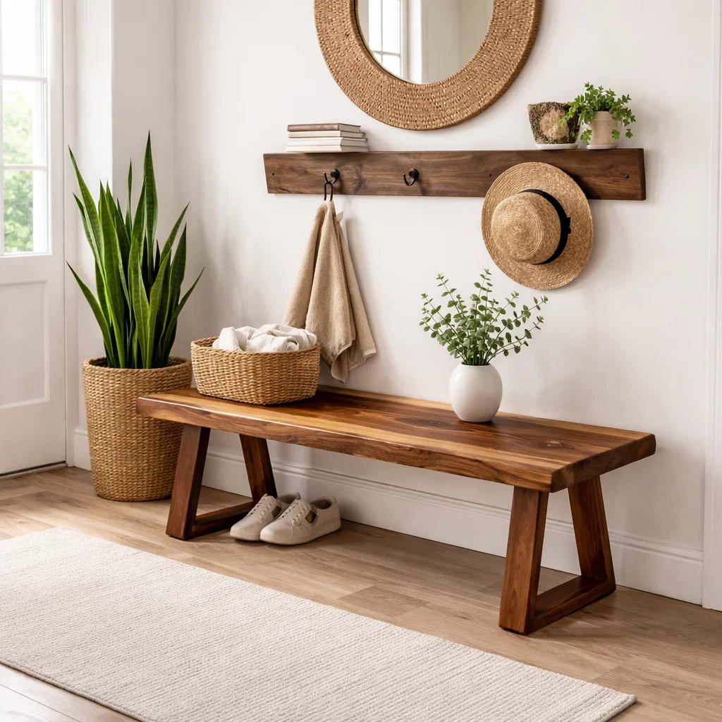 Solid Wood Entryway Bench with Storage | Rustic Modern Hallway Bench