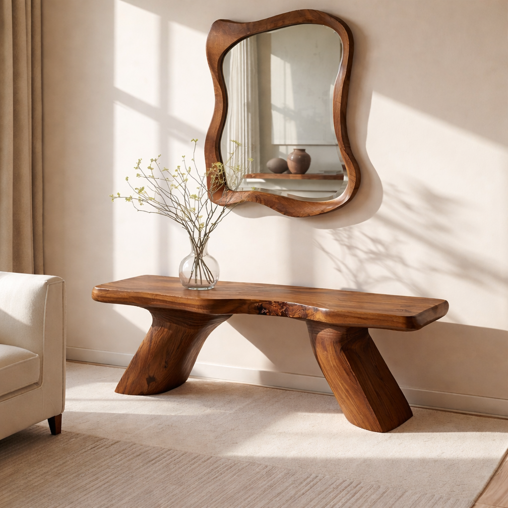 Solid Wood Entryway Bench with Sculptural Legs, Handmade Modern Hallway Seat