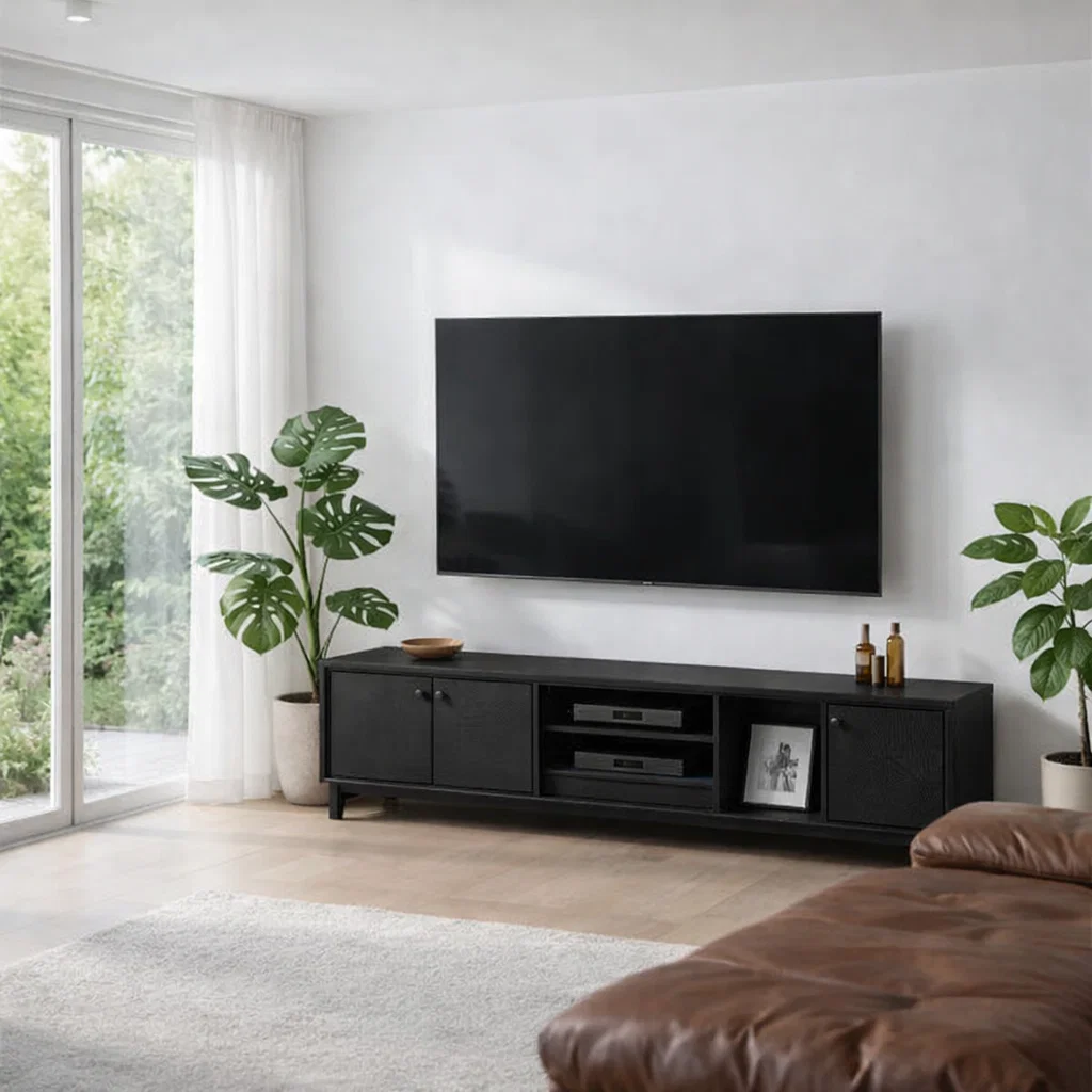 Solid Wood TV Console with Storage & Shelves – Modern Media Stand