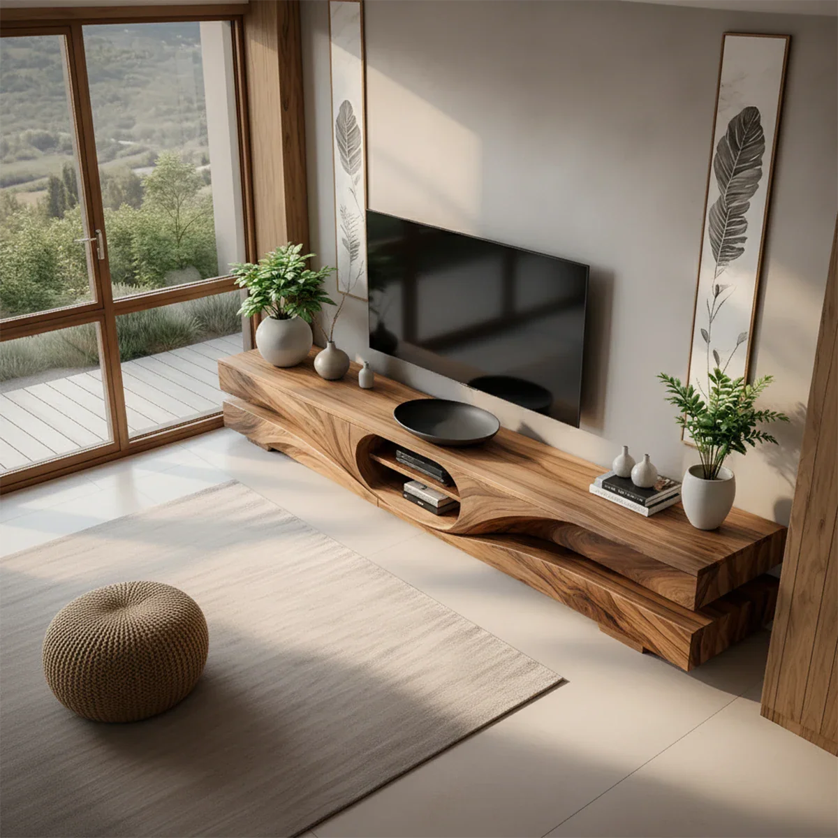 Solid Wood TV Stand Modern Walnut Floating Media Console with Open Storage