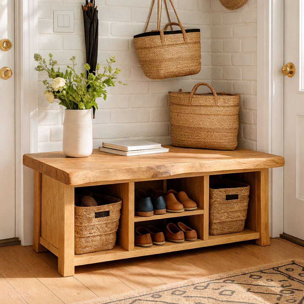 Solid Wood Entryway Bench with Storage Cubbies and Shoe Organizer Shelf