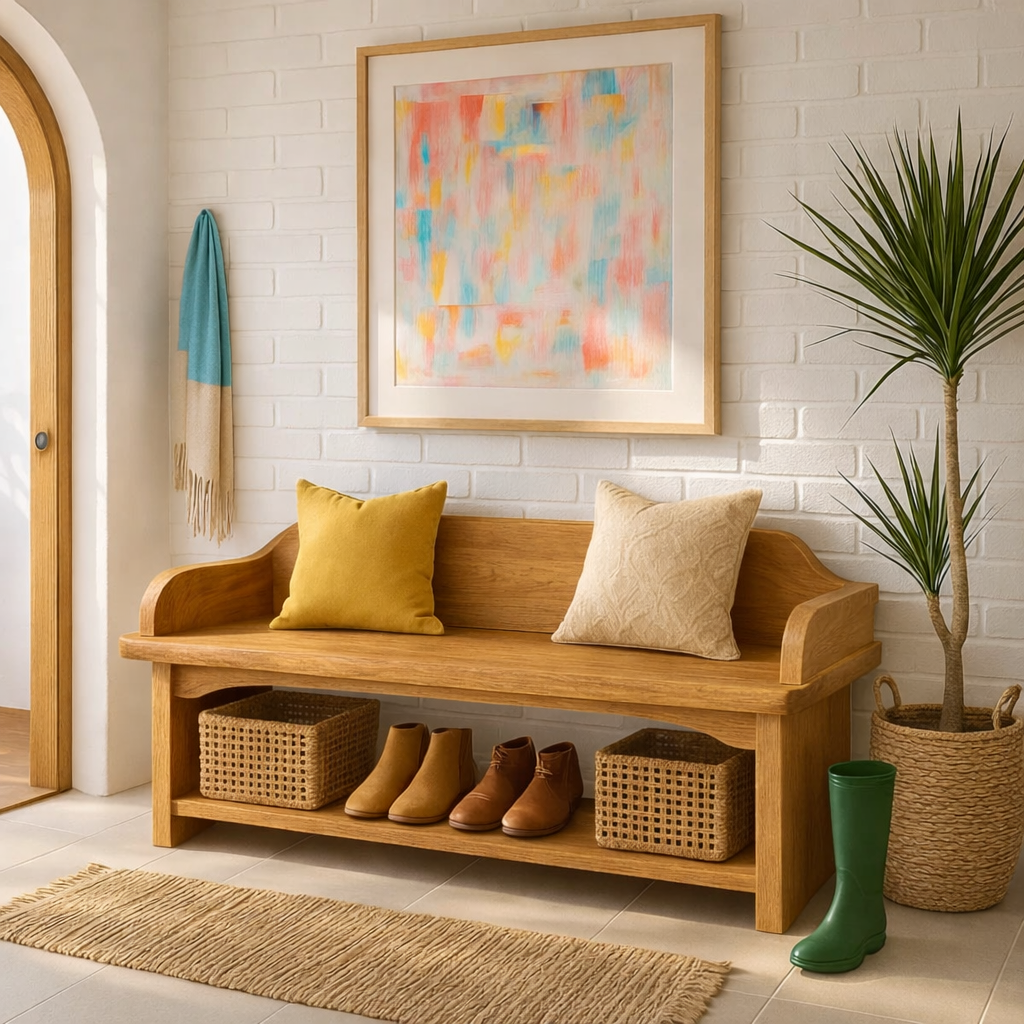 Solid Wood Entryway Bench with Armrests and Shoe Shelf Storage