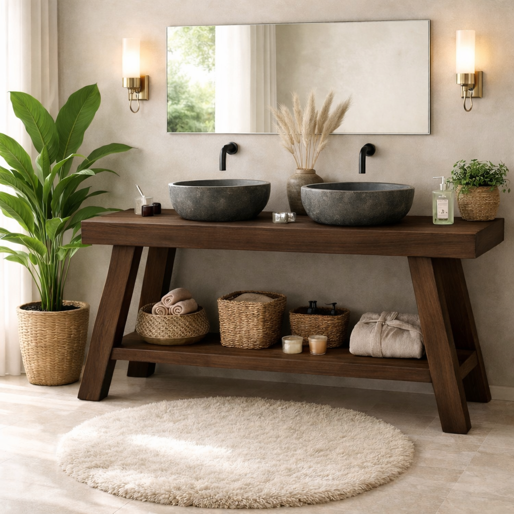 Rustic Double Sink Bathroom Vanity with Shelves Wooden Vanity Base