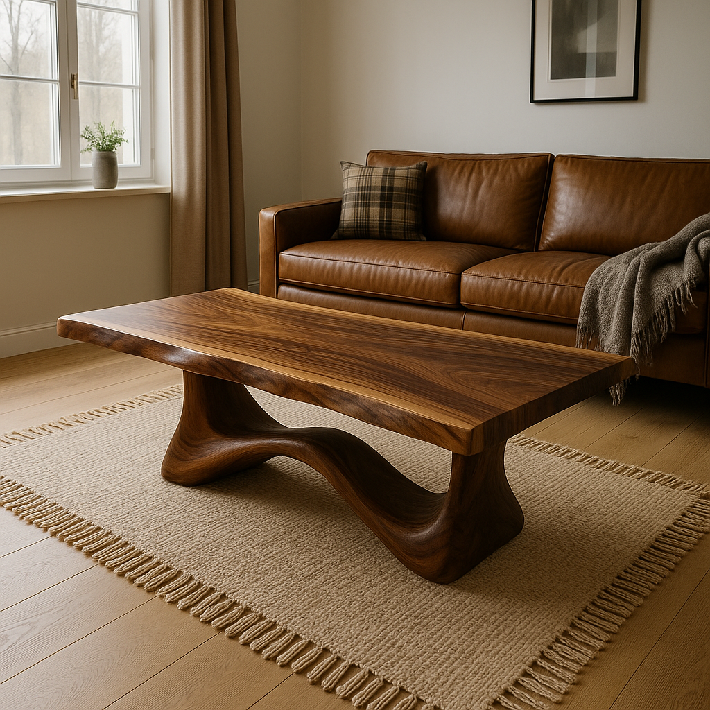 Solid Wood Coffee Table Modern Walnut with Sculptural Curved Base