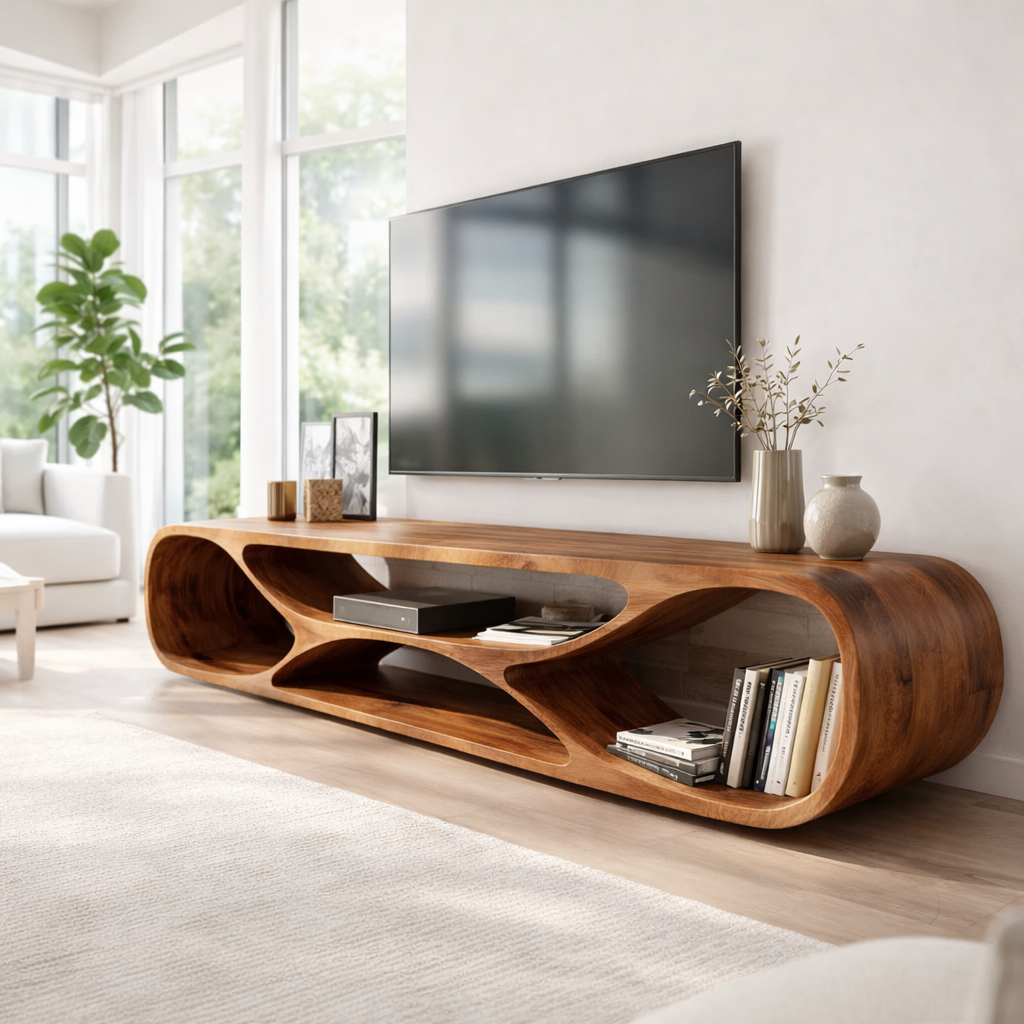 Solid Wood Media Console with Sculptural Curved Design, Modern TV Stand