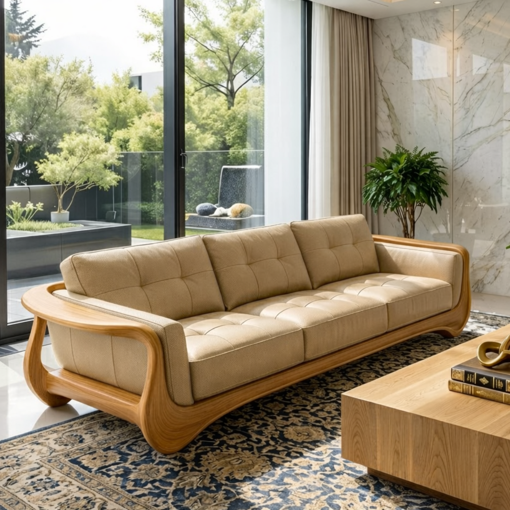 Luxury Curved Solid Wood Sofa with Tan Tufted Leather High-End Modern Couch
