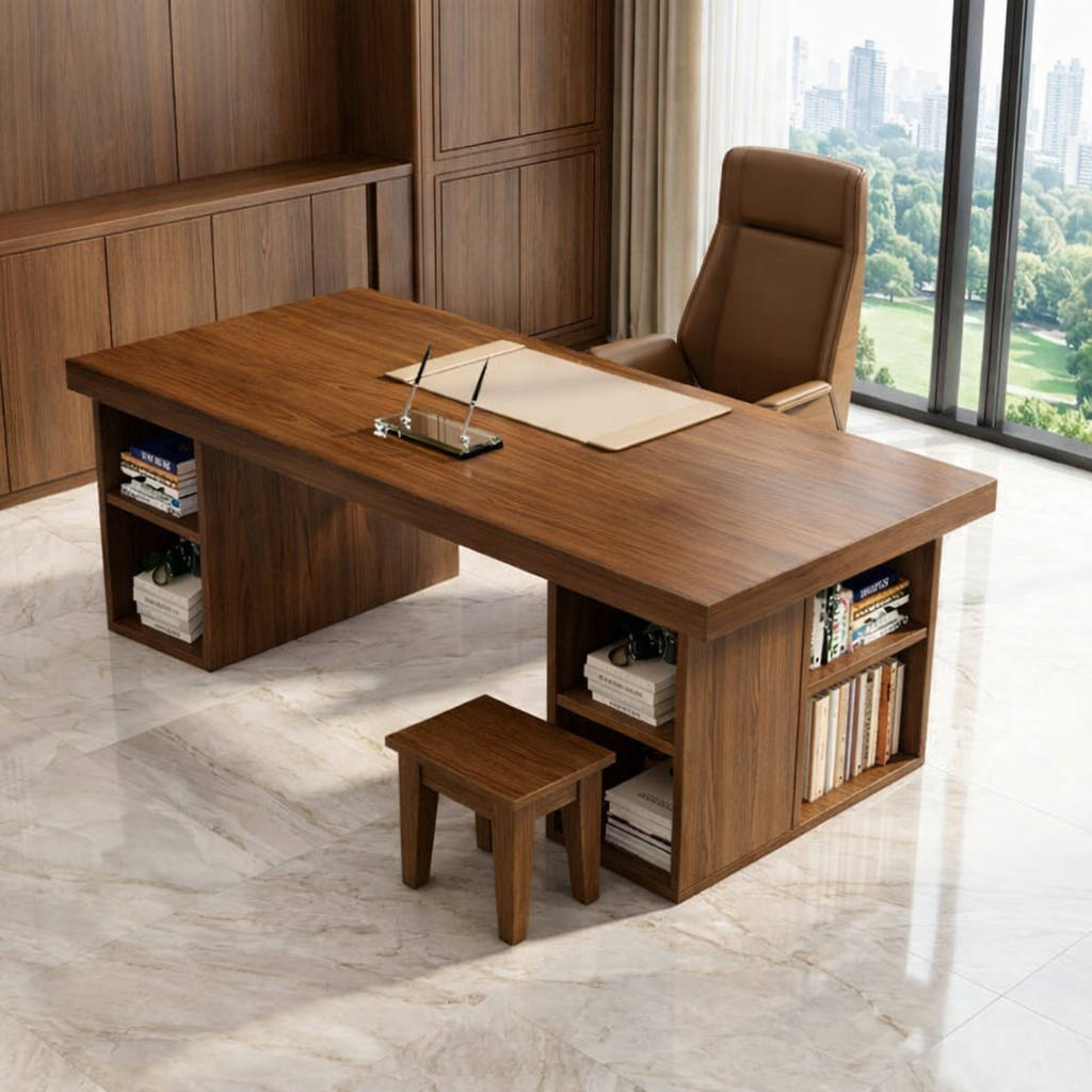 Large Executive Office Desk with Storage Shelves, Modern Writing Table for Home Office Study