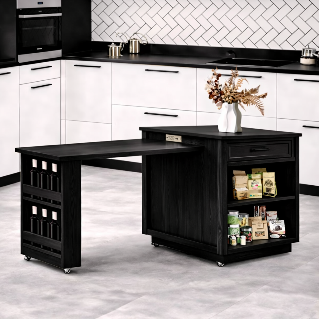 Rolling Kitchen Island with Extendable Table, Storage Cabinet, Modern Prep Station for Dining Space