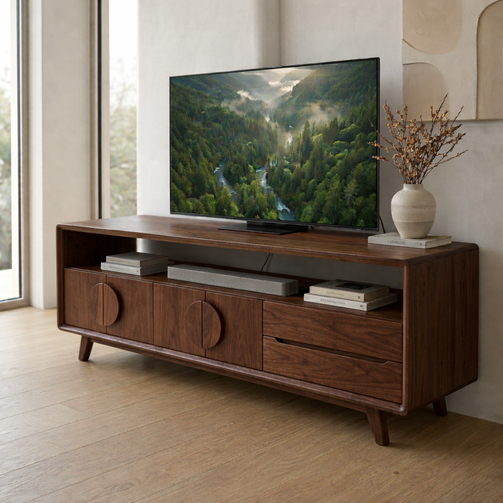 Mid Century Solid Wood Media Console with Storage – Modern TV Stand Cabinet