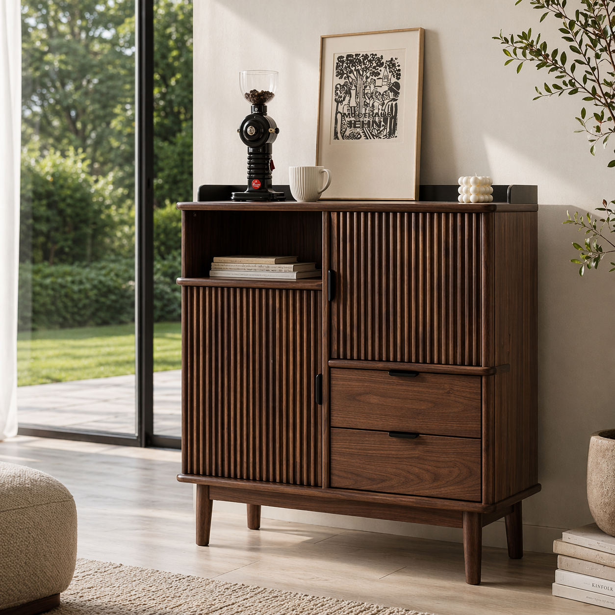 Solid Wood Console Sideboard with Fluted Doors – Mid Century Modern Storage Cabinet
