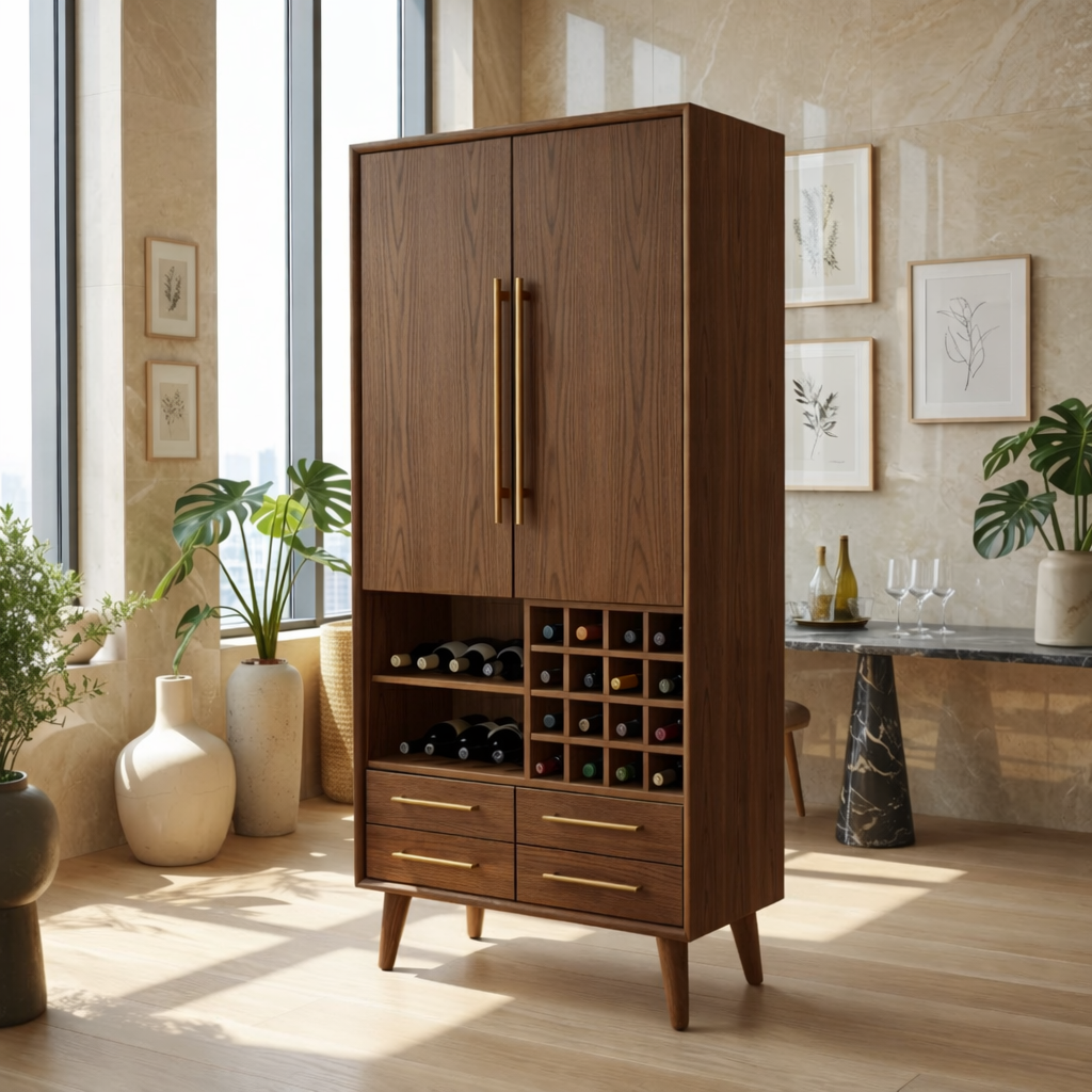 Modern Wine Cabinet with Bottle Rack, Drawers and Tall Concealed Bar Storage