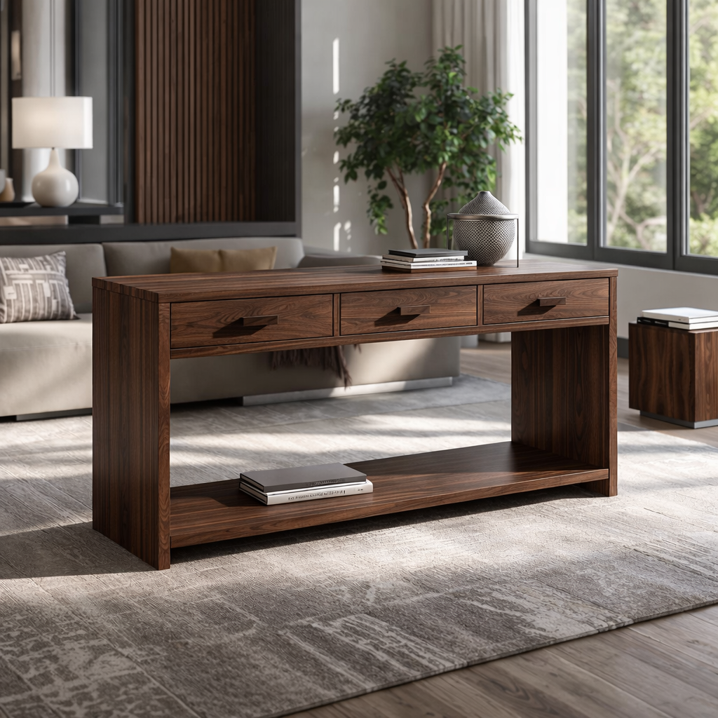 Solid Wood Console Table with Drawers and Shelf – Modern Entryway Storage Table