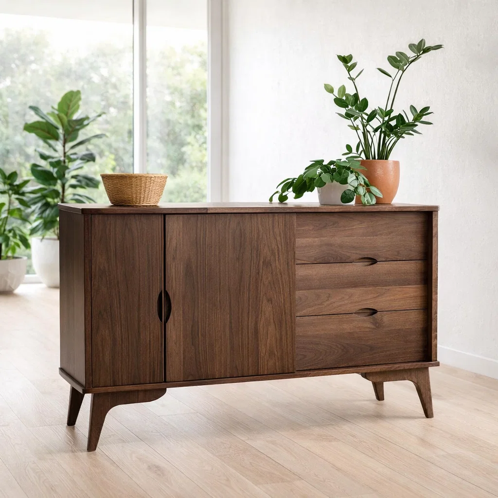Mid Century Sideboard Cabinet with Drawers and Sliding Doors – Storage Console