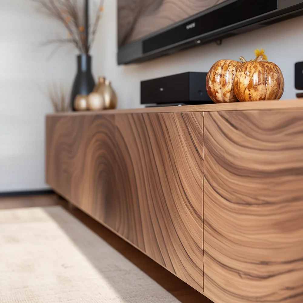 Solid Wood TV Stand Modern Walnut Media Console with Sculpted Wave Storage Cabinet
