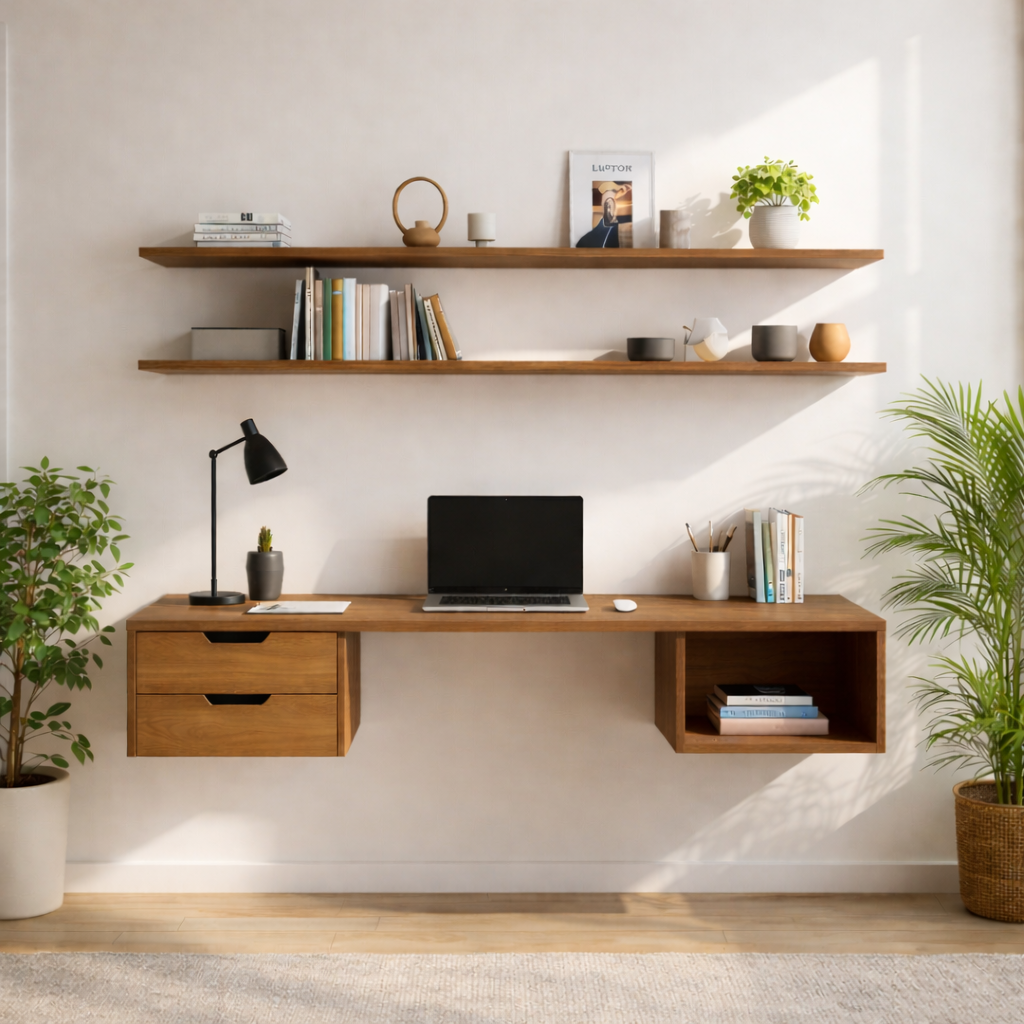 Floating Oak Desk with Shelf – Minimalist Wall Workspace