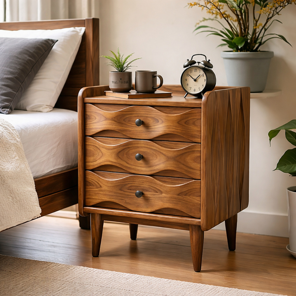Solid Wood 3 Drawer Nightstand – Mid Century Modern Bedside Table with Storage