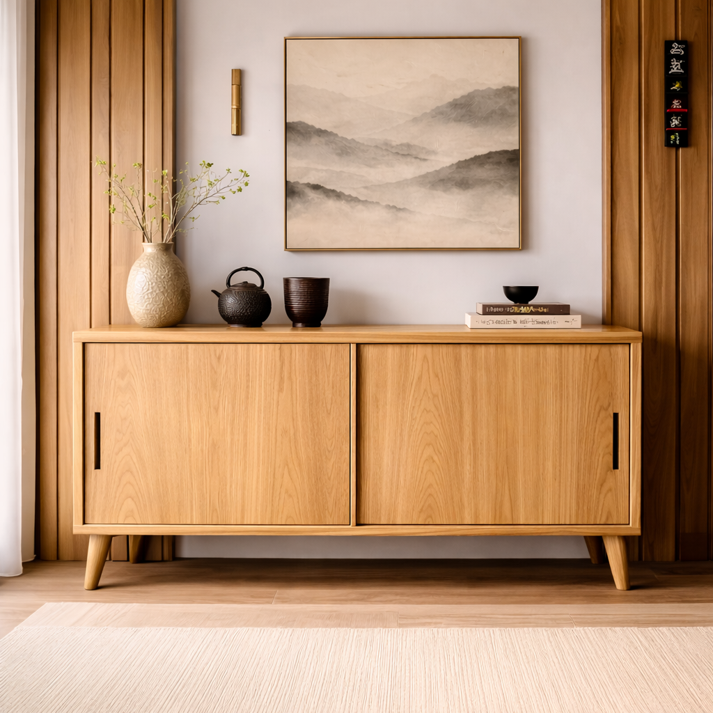Solid Wood Console Cabinet with Sliding Doors – Modern Minimalist Storage Sideboard