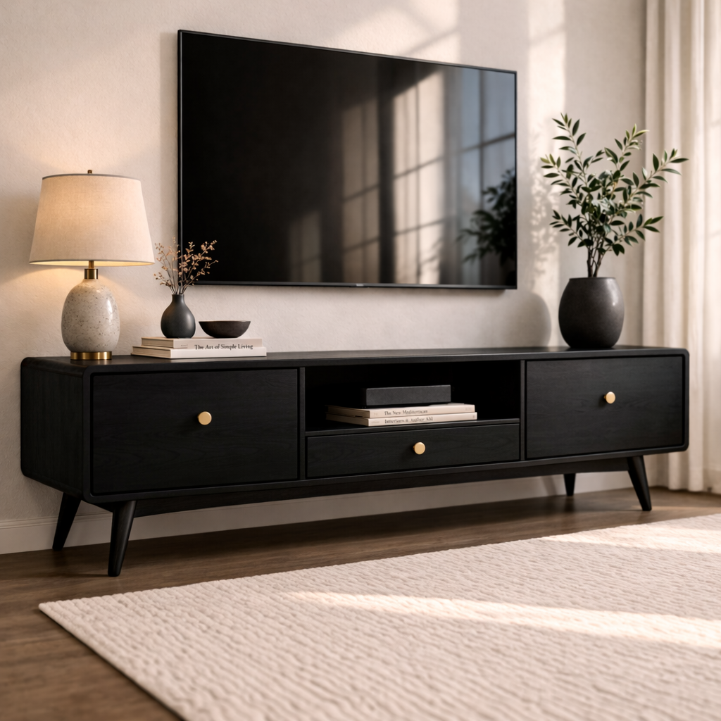 Mid Century Solid Wood TV Console with Drawers and Open Shelf