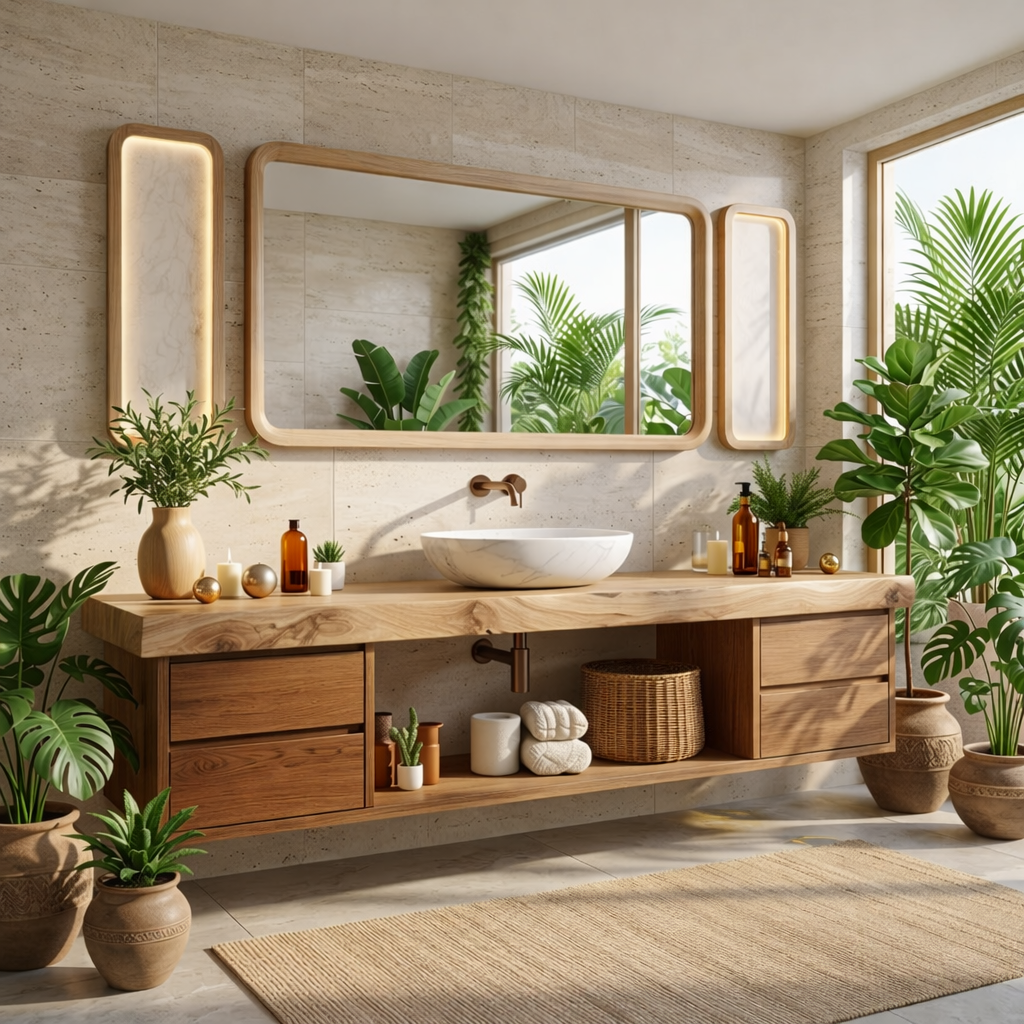 Modern Floating Walnut Vanity with Natural Wood Finish and Open Shelving, Stylish Bathroom Storage