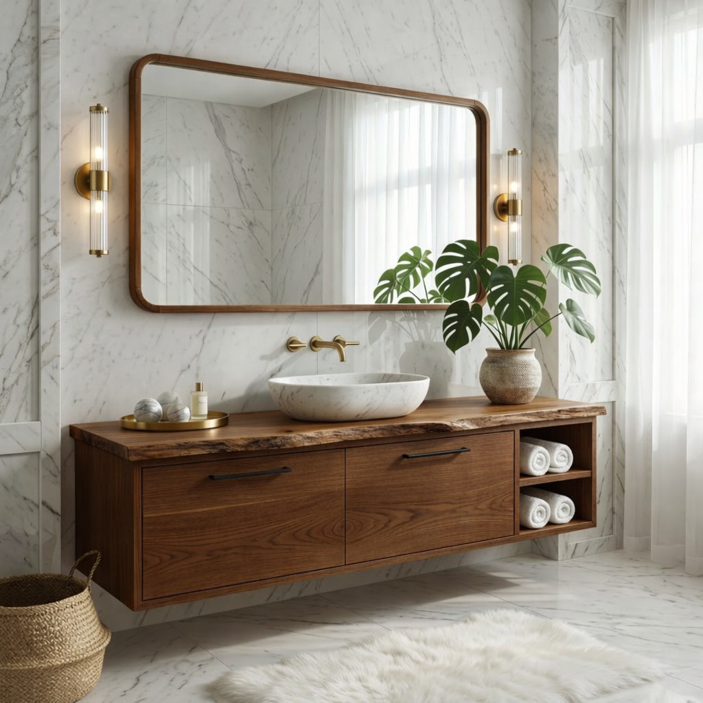Floating Vanity with Natural Walnut Wood, Modern Sink, and Open Shelf Storage