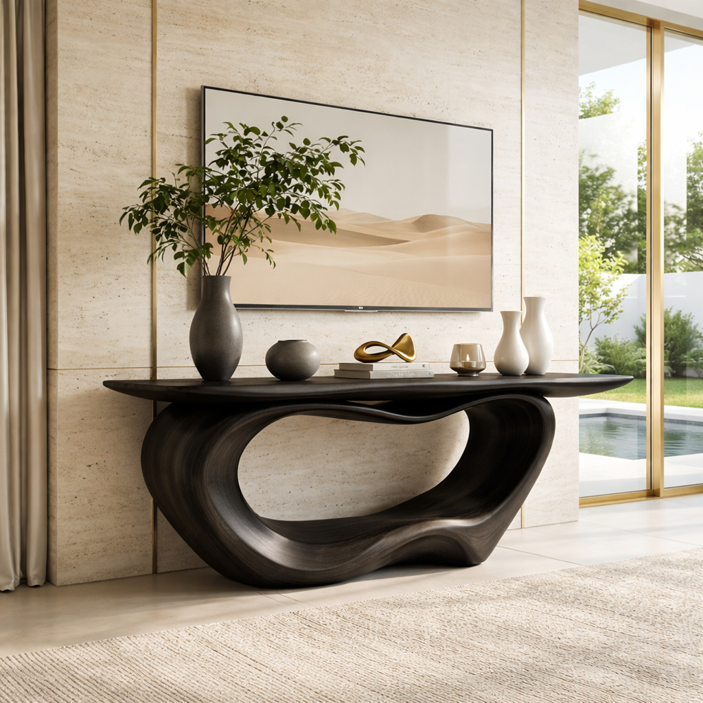Solid Wood Console Table with Sculpted Base, Modern Minimalist Design