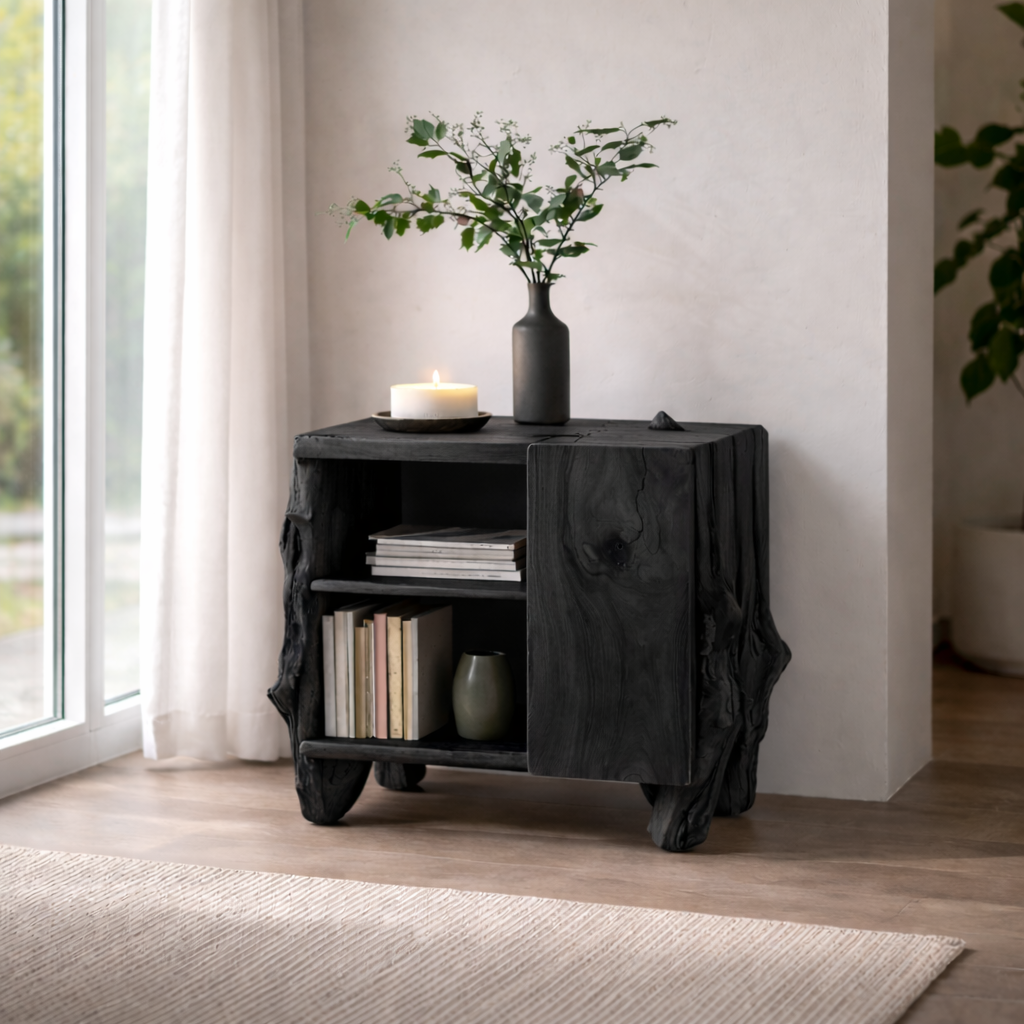 Rustic Solid Wood Nightstand with Shelf – Live Edge Bedside Table Storage
