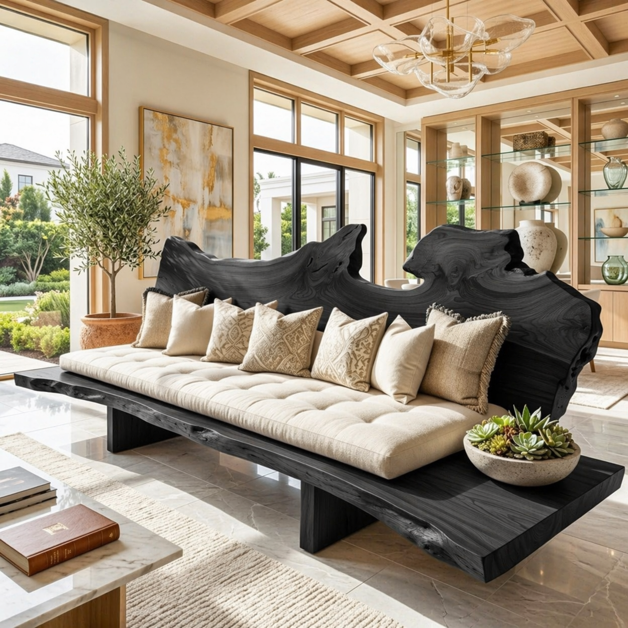Organic Modern Live Edge Sofa Bench, Rustic Statement Living Room Furniture Design