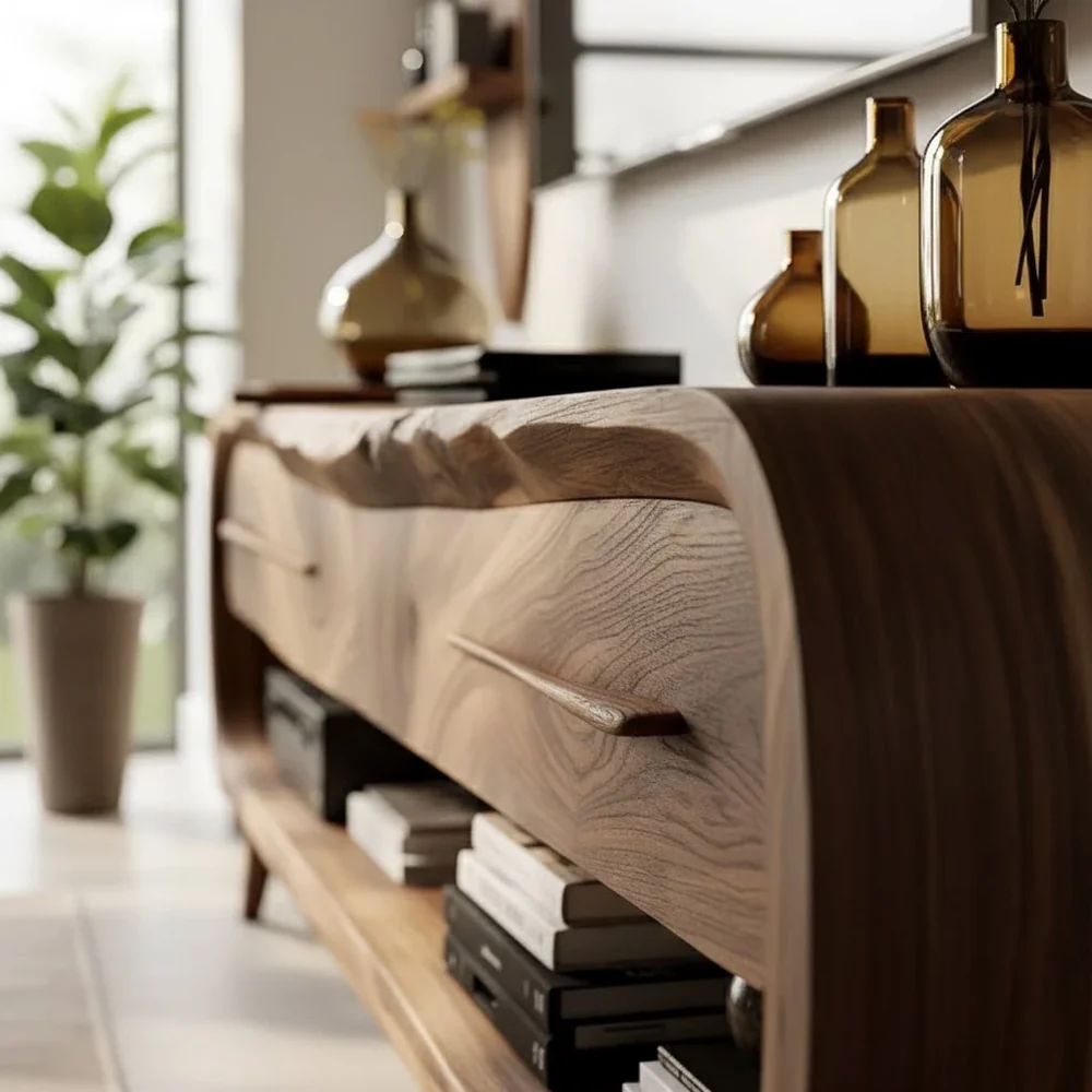 Solid Wood TV Stand Modern Walnut Media Console with Curved Design and Storage